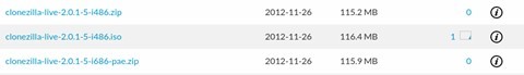 The SourceForge Clonezilla page showing iso files
